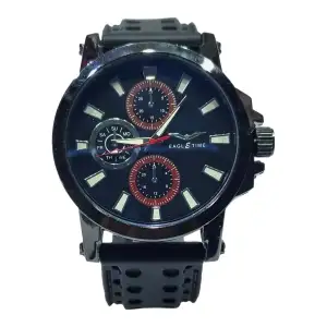 Men's Black Chronograph Watch with Rubber Strap - Casual Everyday Timepiece