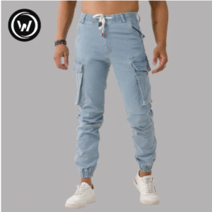 Wraon Light Blue Drawstring Elastic Waist Stretchable Jeans Joggers For Men.