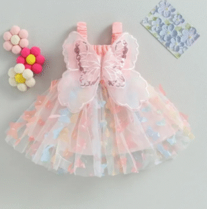 Summer Baby Girl Dress with Strap Waist Mesh Butterfly Back and Big Butterfly Wings Princess Style Party Dress Suitable for 03 Years Old