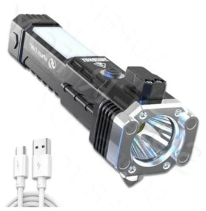 Portable Rechargeable Torch LED Flashlight with Power Bank, Hammer, Strong Magnets, Window Glass /Seat Belt Cutter